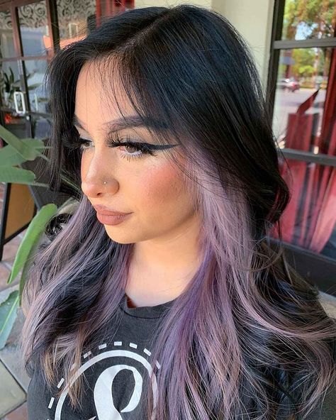 Pastel Purple Hair Color, Peekaboo Hair Ideas, Highlights Underneath Hair, Purple Peekaboo Highlights, Purple Peekaboo Hair, Pastel Lavender Hair, Pink Peekaboo Hair, Base Hair Color, Purple Grey Hair