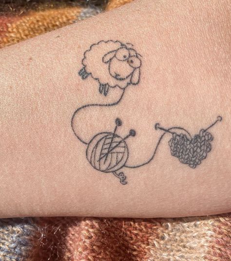 Stitching Tattoo Ideas, Crochet Tattoo Ideas Unique, Yarn Tattoo Ideas, Knitting Tatoos, Small Sheep Tattoo, Knitting Tattoo Ideas, Crochet Tattoo Ideas, Crochet Tattoos, Knitting Tattoos