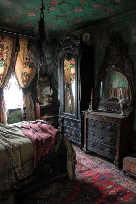 Boho Witchy Bedroom, Witchy Bedroom Ideas, Dark Academia Bedroom Ideas, Witch Bedrooms, Dark Academia Bedroom, Witchy Bedroom, Academia Bedroom, Maximalist Bedroom, Goth Bedroom