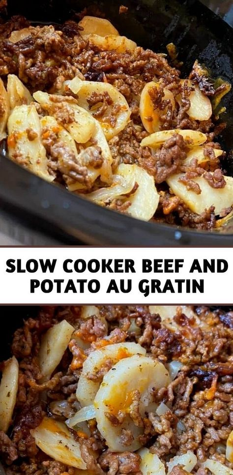 Slow Cooker Beef And Potato Au Gratin, Crockpot Meatloaf And Potatoes, Hamburg Crockpot Recipes, Beef And Potato Au Gratin, Potato Au Gratin, Ground Beef Crockpot Recipes, Crockpot Meatloaf, Slow Cooker Ground Beef, Au Gratin Potato Recipes