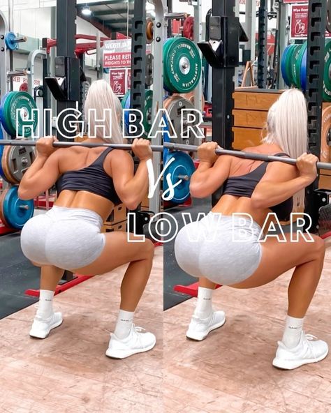 Lauren Simpson on Instagram: “HIGH BAR SQUATS VS LOW BAR SQUATS 🔥🔥🤓 . SAVE + RESHARE if you find this helpful.🙏🏼🙏🏼 . These are the two main squatting techniques used -…” Bar Squats, Low Bar Squat, High Bar Vs Low Bar Squat, Squat Form With Bar, How To Squat Properly With Bar, Barbell Front Squat, Squat With Bar, Workout Days, Weight Training