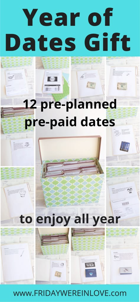 Year of Dates Gift: A Folder of 12 Dates to Enjoy All Year - Friday We're in Love Year Of Dates Gift, Romantic Stuff, Couples Stuff, Surprise Gifts For Him, Unique Date Ideas, Date Night Gifts, Romantic Gifts For Him, Creative Dates, Couple Things