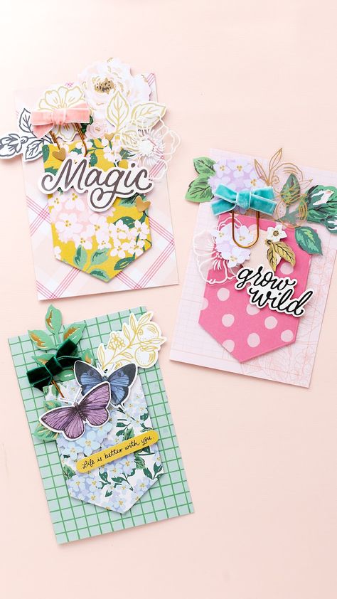 American Crafts | Summertime Cards with Woodland Grove by Maggie Holmes Woodland Grove Maggie Holmes, Maggie Holmes Woodland Grove, Maggie Holmes Embellishments, Valentine Paper Crafts, Scrapbook Embellishments Diy, Journal Elements, Maggie Holmes, Embellishment Diy, Card Embellishments