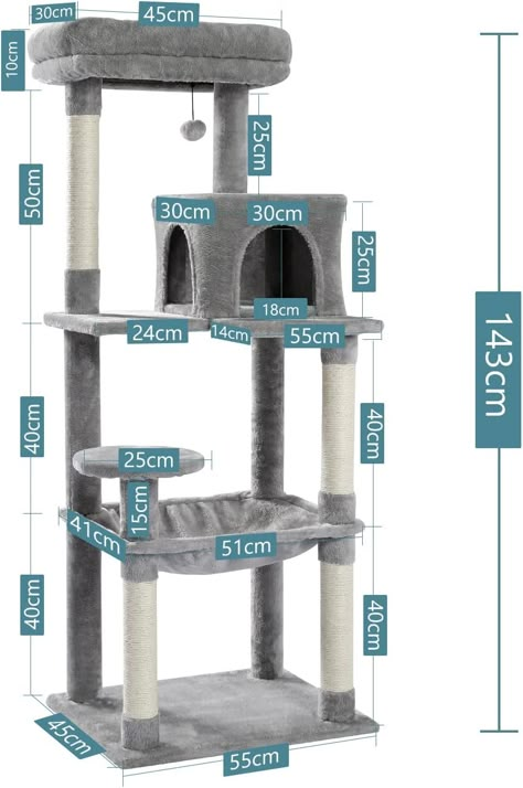 PAWZ Road Cat Tree, Big Cat Tower, Activity Center stable and sturdy, Cat Tree with hammock and lovely Cat House Grey 143cm/56.2" : Amazon.co.uk: Pet Supplies Pet Diy Projects, Cat Tree Ideas, Cat Climbing Tower, Climbing Tower, Cat Projects, Pet Diy, Diy Cat Tree, Cat House Diy, Cat Activity