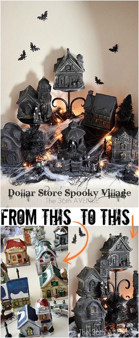 Halloween Decor - Make this DIY Halloween Village for ten dollars at the36thavenue.com So awesome! Diy Halloween Village, Cheap Halloween Diy, Diy Halloween Dekoration, Cheap Diy Halloween Decorations, Halloween Decor Diy, Casa Halloween, Homemade Halloween Decorations, Dollar Store Halloween, Diy Halloween Decor