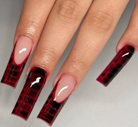 Croc Print + French Red Outline Acrylic Nails, Red Snakeskin Nails, Croc Tip Nails, Red Croc Print Nails, Basketball Nail Art, Croc Print French Tip Nails, Croc Print Nails, Basketball Nails, Black Cherry Nails