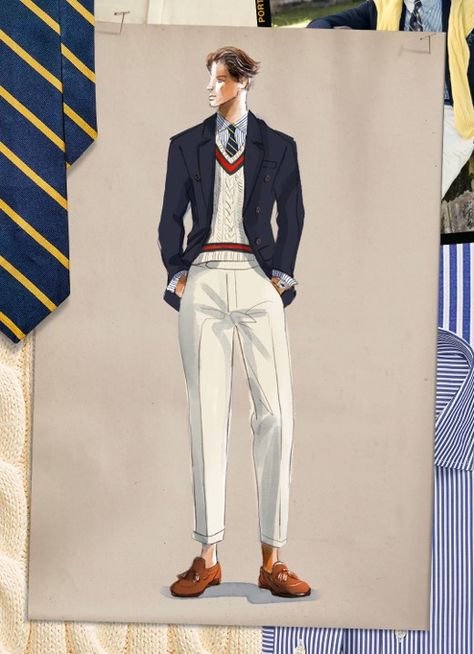 Polo Ralph Lauren Korean Men Suit, Ralph Lauren Clothes, Varsity Outfit, Cricket Sweater, Fashion Sketches Men, Ralph Lauren Suits, Mens Smart Casual Outfits, Mens Fashion Illustration, Preppy Men