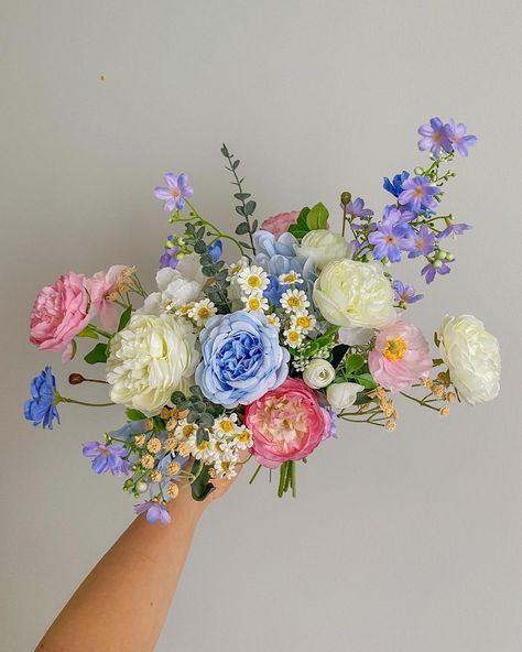 Two Whimsical Florists | pink peachy dream 🍑🌸🌷💫 | Instagram Pink Blue And Purple Bouquet, Pink And Blue Wildflower Bouquet, Purple And Blue Floral Arrangements, Hoco Bouquet Purple, Summer Bridal Bouquet Bright Flowers, September Floral Arrangements, Pink Wildflower Wedding, Blue Garden Party Wedding, Blue White Pink Wedding