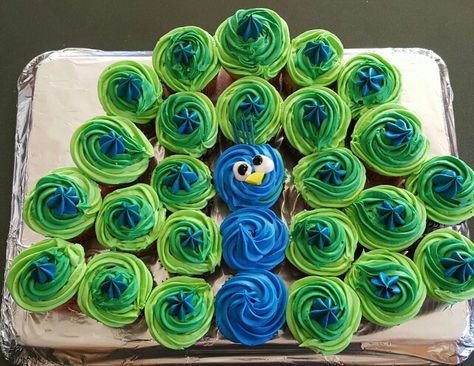 Easy Peacock Cupcakes.  When your kiddo requests a peacock cake for their birthday......  No Elsa cakes here!   That would be too easy!   Lol. Peacock Cupcake Cake, Shaped Cakes Ideas, Peacock Cake Birthday, Peacock Cake Ideas, Pea Cake, Peacock Cakes, Peacock Cupcakes, Peacock Birthday Party, Peacock Birthday