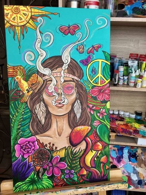 Wallpaper Hippie, Art Hippie, Psychadelic Art, Trippy Painting, People Painting, Banksy Graffiti, Hippie Painting, Cute Canvas Paintings, Easy Canvas Art