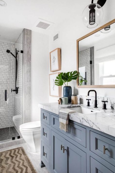 Navy Blue Vanity Bathroom Ideas, Modern Blue Bathroom, Hamptons Bathroom, Warrensburg Missouri, Morrison Interiors, Blue Bathroom Vanity, Neutral Bathroom, Bathroom Gallery, Primary Bath