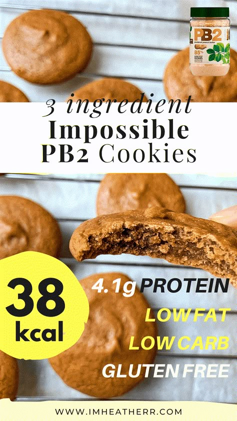 3 Ingredient PB2 Protein Peanut Butter Cookies (38 calories, Low Carb & Low Fat!) - imheatherr! Protein Peanut Butter Cookies, Pb2 Cookies, Peanut Butter Powder Recipes, Pb2 Recipes, Protein Peanut Butter, Low Carb Low Fat, Medicine Tips, Baking Powder Uses, Protein Desserts