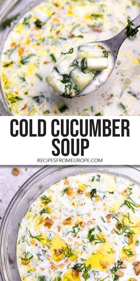 Want to make a delicious cold cucumber soup? This classic Bulgarian dish is so easy to make and the perfect recipe for summer! Cucumber Soup Cold, Tarator Recipe, Cold Cucumber Soup, Shopska Salad, Cucumber Soup, Recipe For Summer, Cucumber Yogurt, Fresh Cucumber, Summer Soup