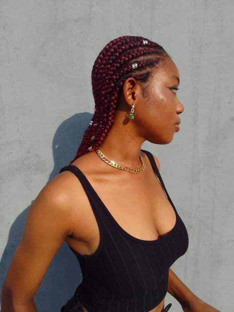 Wine hair, wine cornrows, short hair, short wine hair, black woman aesthetic, KARAH, black top, faceless poses, wine hair colour, burgundy hair, wine colour hairstyles Burgundy Cornrows, Hair Colour Burgundy, Cornrows Short, Cornrows Short Hair, Faceless Poses, Colour Hairstyles, Black Woman Aesthetic, Wine Hair Color, Wine Colour