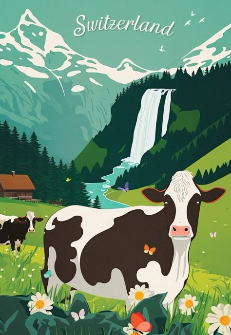 Swiss Illustration, Travel Aesthetic Japan, Switzerland Decor, Switzerland Tattoo, Switzerland Honeymoon, Aesthetic Switzerland, Summer Outfit Travel, Switzerland Elopement, Swiss Cows