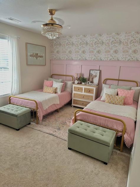 Girls Room Ideas With Two Twin Beds, Daughters Sharing Room Bedroom Ideas, 2 Beds Girls Room, 3 Girls In One Bedroom, Bedroom For Sisters To Share, Shared Room Girls Sisters, Toddler Twin Girls Bedroom Ideas, Sharing Room Ideas Sibling Small Spaces, Twin Girl Toddler Bedroom