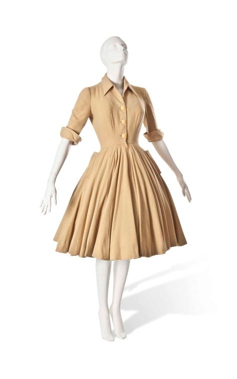 A CHRISTIAN DIOR MUSTARD WOOL DAY DRESS | 1947-48 | 20th Century, fashion | Christie's 20th Century Dress, Dior New Look, Fashion Tips For Men, Century Dress, 20th Century Fashion, Old Dresses, Long Frocks, Vintage Couture, 1940s Fashion