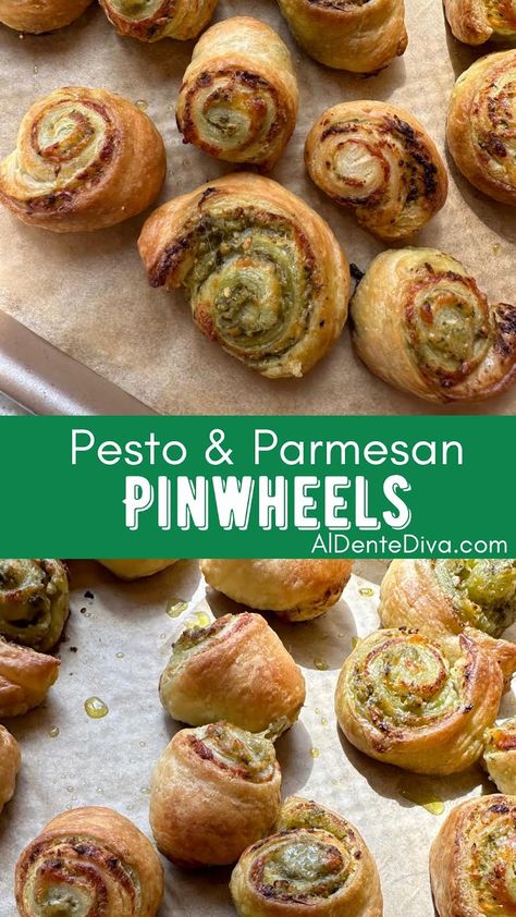 Pinwheel Recipes Baked, Pesto Pinwheel Appetizers, Pinwheel Appetizers Puff Pastry, Pesto Puff Pastry Appetizers, Puff Pinwheels, Premade Snacks, Pinwheel Appetizers Easy, Pesto Pinwheels, Pinwheels Appetizers