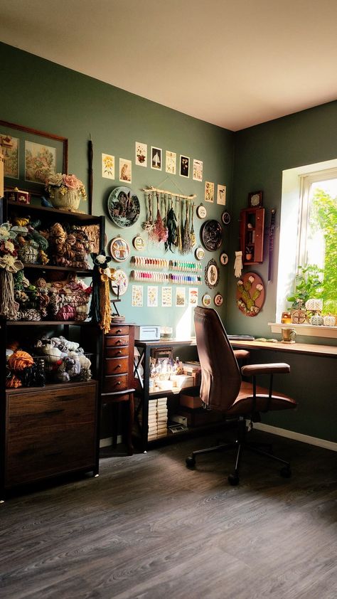 Art Studio Aesthetics - @FinelyTwined Pretty Art Studio, Home Sewing Studio Small Spaces, Fiber Arts Aesthetic, Artist Aesthetic Room Decor, Art Collectors Home, Retro Art Studio, Small Craft Rooms Ideas, Sewing Room Aesthetic Vintage, Cottage Core Art Studio