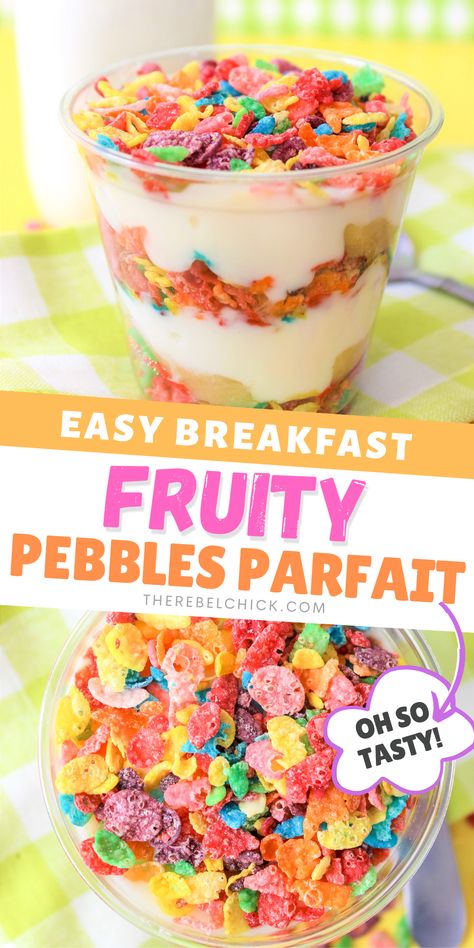 Vanilla yogurt parfait with fruity pebbles cereal Fruit Breakfast Ideas Healthy, Easy Breakfast Ideas With Fruit, Picky Eater Breakfast For Kids, Summer Kids Recipes, Kids Recipes Easy Fun, Class Breakfast Ideas, Fun Food For Kids To Make, Parfait Ideas Breakfast, Fruity Pebble Recipes