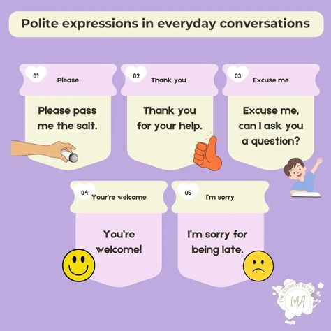 Using polite expressions is key to good manners. Swipe to see how to use 'Please,' 'Thank you,' 'Excuse me,' 'I'm sorry', and 'You're welcome.' 😃✨ #politeexpressions #englishforbeginners #english #beginner #onlinelearning #elearning #virtuallearning #thestudentblueprint #tesolteacher #esl #languagebeginner #learnenglish Polite Expressions, English Beginner, English Greetings, English For Beginners, Etiquette And Manners, Basic English, Can I Ask, Good Manners, Please And Thank You