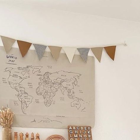 Wooden toys on Instagram: "Some nursery inspiration for you 🖤
Photo: @kira.romero_ 

You can purchase our Terra-cotta rainbow and ring stacker on our Etsy shop, link in bio 

#nurseryinspo #nurseryinspiration #nurseryideas #woodentoysforkids #babytoys #toys" Toddler Wall Decor, Bedroom Bunting, Garland Birthday, Nursery Bunting, Flag Garland, Bunting Flag, Fabric Flag, Colorful Fabric, Kids Wooden Toys