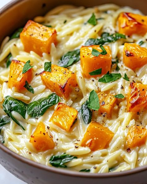 Quick and Easy Healthy Recipes | Creamy Orzo Pasta with Roasted Butternut Squash and Spinach (Vegetarian) | Facebook Butternut Squash Orzo Soup, Butternut Squash And Pasta, Creamy Orzo Pasta With Roasted Butternut Squash And Spinach, Butternut Squash With Orzo, Creamy Butternut Squash Orzo, Butternut Squash Orzo Recipes, Butternut Squash Sausage Orzo, Creamy Orzo Pasta, Butternut Squash Spinach