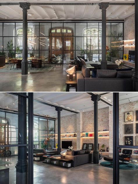 Warehouse Loft Apartment, Open Plan Interior, Wall Of Glass, Warehouse Renovation, Warehouse Apartment, Large Apartment, Industrial Loft Design, Open Plan Apartment, Modern Warehouse