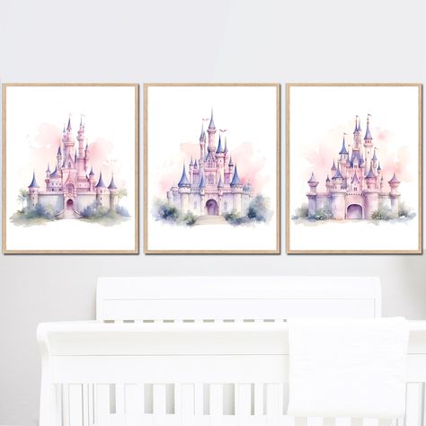 Princess Castle Print Wall Art Decor Fairytale digital Nursery gift baby girl bedroom toddler themed set of 3 printable watercolor Castle Nursery, Name Decor, Princess Nursery, Girl Nursery Wall, Princess Castle, Nursery Gift, Toddler Bedrooms, Baby Wall Art