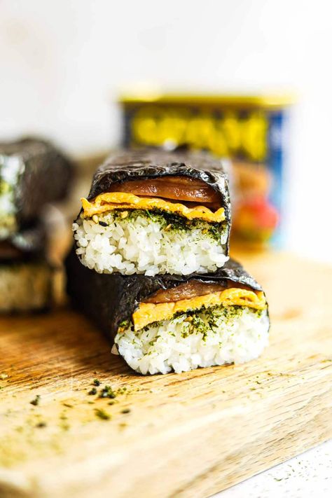 Spam Musubi with Egg is a breakfast treat filled with teriyaki Spam, fluffy seasoned egg, furikake, and rice wrapped in nori. This flavorful quintessential snack from Hawaii is an excellent make ahead breakfast or snack. Teriyaki Spam, Japanese Egg Salad Sandwich, Japanese Egg Salad, Tamago Sando, Musubi Recipe, Make Teriyaki Sauce, Spam Recipes, Japanese Egg, Egg Salad Sandwich