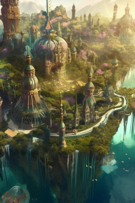 Floating City Aesthetic, Magical Fantasy Kingdom Aesthetic, Sky Kingdom Fantasy Art, Sky Islands Fantasy Art, Floating City Fantasy Art, Fantasy Floating Islands, Floating Islands Fantasy Art, Beach Kingdom, Floating Kingdom