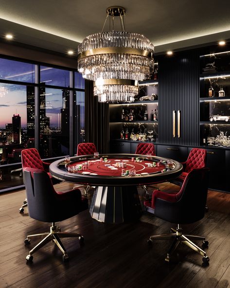 Elevate your game nights with the Darian Poker Table—where strength meets sophistication. 🎲✨ Featuring a classic rounded shape, wooden build, and polished brass details, it adds timeless elegance to any entertainment space. Discover more in our New Arrivals 2024 ebook via the link in our bio! #livingroomdesign #luxurylighting #modernluxury #centertable #interiordesign #homedecor #luxurylifestyle #covethouse #luxxuliving #lifestylebyluxxu Small Poker Room Ideas, Poker Room Ideas Interior Design, Luxury Game Room, Gaming Environment, Whiskey Room, Luxury Living Room Decor, Gaming Furniture, Poker Room, Round Chandelier