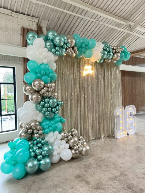 Sweet 26 balloons with add on glitter wall! Teal Balloon Arch, Teal Balloon Garland, 26 Balloons, Sweet 16 Balloons, Grad 2025, Balloon Inspiration, Teal Balloons, 8th Birthday Cake, 16 Balloons