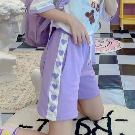 Pastel Clothing, Kawaii Heart, Soft Girl Outfits, Patchwork Shorts, Harajuku Outfits, Gothic Clothes, Y2k Aesthetic Outfits, High Waist Shorts, Purple Shorts