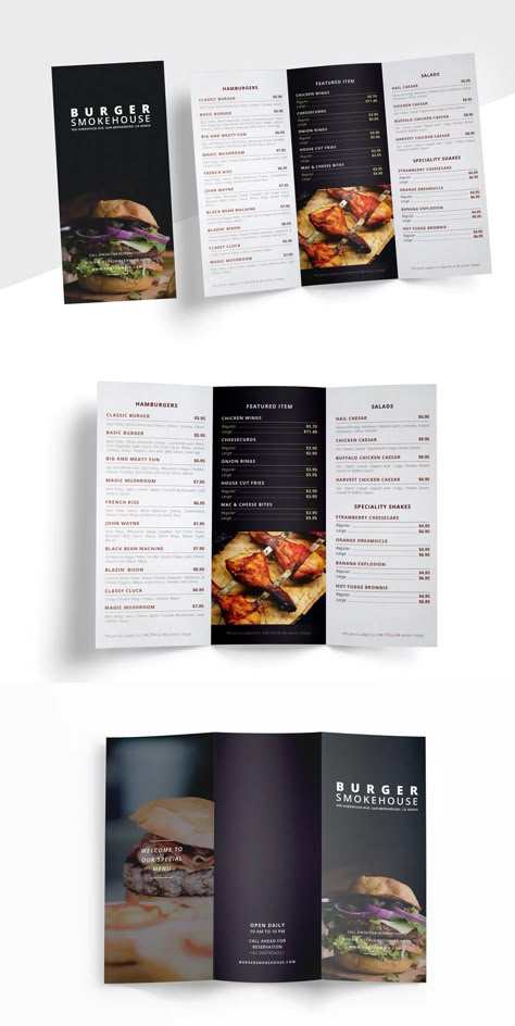 Restaurant Menu Trifold Template InDesign INDD Trifold Restaurant Menu Design, Take Out Menu Design, Trifold Menu Design, Menu Trifold, Webpage Design Layout, Restaurant Menu Card, Drink Menu Design, Menu Brochure, Restaurant Brochures