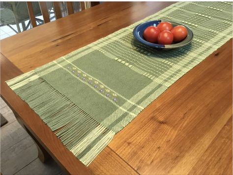 Spring Table Runner Free Rigid Heddle Project! Rigid Heddle Table Runner, Rigid Heddle Weaving Projects, Rigid Heddle Weaving Patterns, Spring Table Runner, Loom Projects, Pick Up Sticks, Weaving Loom Projects, Rigid Heddle Weaving, Striped Table Runner