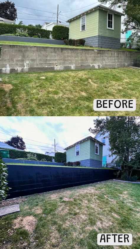 The block retaining wall in our backyard was a sight for sore eyes. Ahead of our garden transformation, we tried a matte black finish to contrast with the future greenery. What do you think? #ithinkicanDIY #thisoldhouse #firsthome #backyard #landscape #retainingwall #blockwall #paint #blackwall #newengland #garden Painted Retaining Wall, Painted Block Wall, Block Retaining Wall, Garden Transformation, Retaining Wall Blocks, Backyard Landscape, Sore Eyes, Front Lawn, Wall Garden