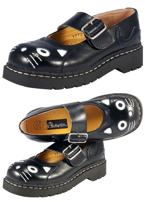 Black Leather With Black Cat Head Mary Janes by Anarchic Shoes Maryjanes Black, Cat Mary Jane Shoes, Cat Mary Janes, Marry Jane Shoes Black, Tuk Kitty Mary Janes, Tuk Mary Jane Shoes, Cat Shoes, Shoe Wishlist, Funky Shoes