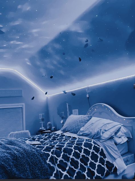 Bedroom Aesthetic Cozy Blue, Deep Sea Themed Bedroom, Ocean Vibe Bedroom, Aquatic Bedroom, Ocean Themed Bedroom Aesthetic, Ocean Bedroom Ideas For Adults, Navy Blue Bedroom Aesthetic, Ocean Theme Bedroom, Blue Aesthetic Bedroom