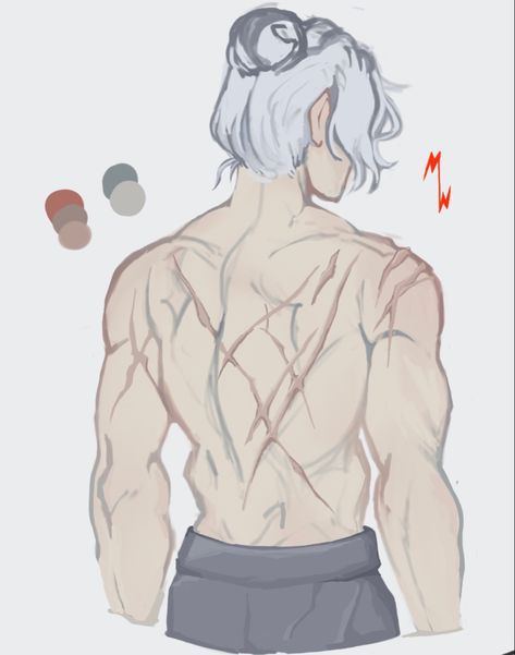 A digital drawing of a pale skinned, slightly muscular man with faded, dull, pink scars on his back, and his black streaked, white hair, tied up into a bun. 
A signature with the initials “MW” is written on the canvas, which stands for the artist’s name, “MutedWoodlands” Scar Back Drawing, Scar On Body Drawing, Scarred Body Reference Female, Scar Types Drawing, Healed Burn Scar Reference Drawing, Scarred Back Reference, Claw Scar Reference Drawing, Top Surgery Scars Design Drawing, Whip Scar Reference Drawing