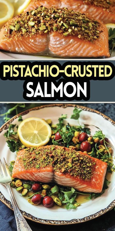 Pistachio-Crusted Salmon Ingredients: 4 (6-ounce) salmon fillets, skin removed 1/2 cup shelled pistachios, finely chopped 2 tablespoons panko bread crumbs 2 tablespoons Dijon mustard 1 tablespoon honey 1 tablespoon olive oil Salt and pepper to taste Lemon wedges, for serving #salmon #easyrecipes #camilarecipes Salmon Panko Crusted, Salmon Meal Ideas, Pistachio Salmon, Salmon Panko, Panko Crusted Salmon, Shelled Pistachios, Pecan Crusted Salmon, Pistachio Crusted Salmon, Crusted Salmon