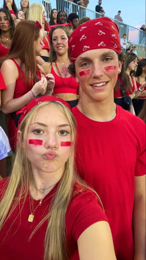 Red Spirit Week Outfit, Red Face Paint For Football Games, Fnl Makeup, Color Wars Spirit Week Red, Sports Day Face Paint Ideas, Red Team Spirit Ideas, Red Out Spirit Week, Red Out Outfit Spirit Week, Red Spirit Day Outfits