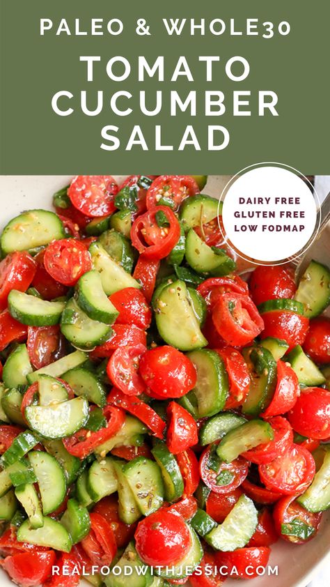 Paleo Whole30 Tomato Cucumber Salad Whole 30 Tomato Cucumber Salad, Cold Low Carb Meals, Cucumber Salad Whole 30, Dairy Free Cucumber Salad, Low Fodmap Salad Recipes, Non Dairy Side Dishes, Low Fodmap Salad, Fodmap Salad, Tomato Cucumber Salad