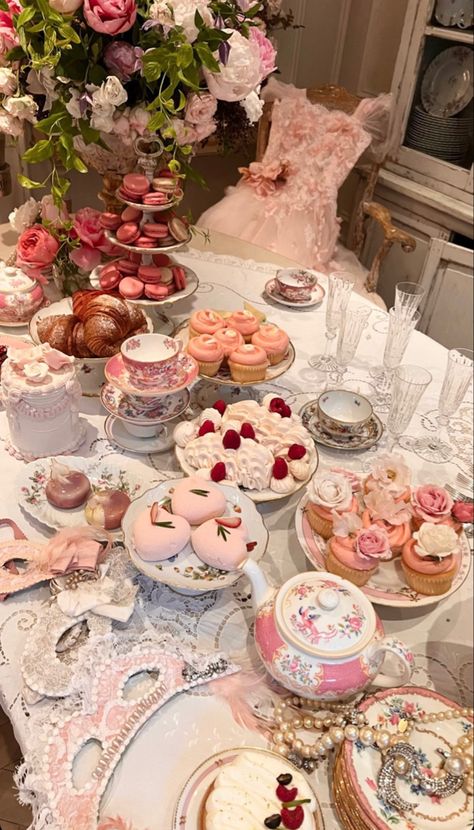 Tea Party Must Haves, Pink Tea Party Ideas, Pink Tea Party Food, 30th Tea Party Ideas, Pink Food Party, Cute Tea Party Ideas, Tea Party Bday Ideas, Love Shack Fancy Grad Party, Croquette Birthday Party