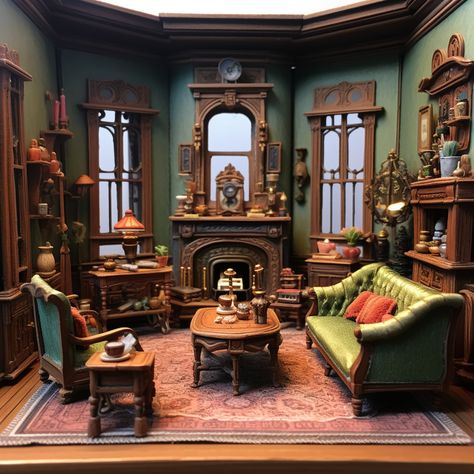 Miniature Dollhouse Living Room, Victorian, Wood Theme, 3-d model, Plasticine Doll House Victorian, Living Room Dollhouse, Cozy Victorian Aesthetic, Living Room Diorama, Victorian Mood Board, Room Box Ideas, Victorian Study Room, Dollhouse Interior Ideas, Victorian Dollhouse Interior