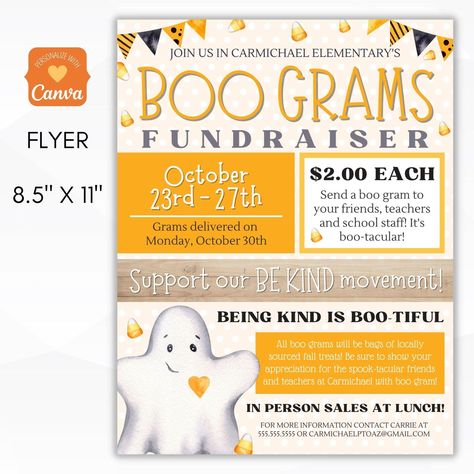 Editable Halloween Boo Grams Fundraiser Flyer Set for School PTO PTA Grab these cute boo grams bundle for your Halloween fundraiser, school fundraising ideas or small group fundraising event. In this fundraiser set you will receive a candy gram flyer, boo gram sheet to send home for pre-orders and a full sheet of candy grams to use for in person sales or to send home for extras! Customize the text for your specific event details on all 3 pages and have a spook-tacular time! Host the most amazing Homemade Fundraiser Ideas, Fundraising Ideas For October, Pto Fall Fundraiser, Penny Drive Fundraiser Ideas, Change Wars Fundraiser, Pta Birthday Gram, Chili Fundraiser Ideas, Boo Grams Fundraiser Ideas, Thanksgiving Fundraiser Ideas For School