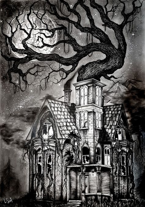 Haunting House Drawing, Dark House Drawing, Hunted House Draw, Haunted Castle Drawing, Scary House Drawing, Horror House Drawing, Creepy House Drawing, Gothic Castle Drawing, Haunted House Sketch