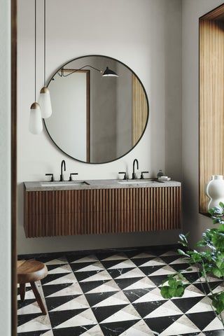 Vanity Inspiration, Teak Vanity, Unglazed Porcelain, Bathroom Pendant, Bad Inspiration, Marble Bathroom, Beautiful Bathrooms, Contemporary Bathroom, Cheap Home Decor