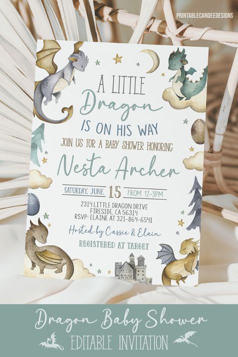 If you are planning a Baby Dragon themed shower, this editable invitation is the perfect mix of blue and neutrals. Sweet little details and there are other items to match. Everything you need to decorate. Just click my Etsy link to shop the shower theme.  Baby boy shower theme, dragon baby shower, dragon shower printables Dragon Themed Baby Shower Ideas, Dragon Baby Shower Invitations, Blue Dragons, Dragon Baby Shower, Baby Shower Garcon, Dragon Cakes, Dragon Nursery, Idee Babyshower, Boy Baby Shower Ideas