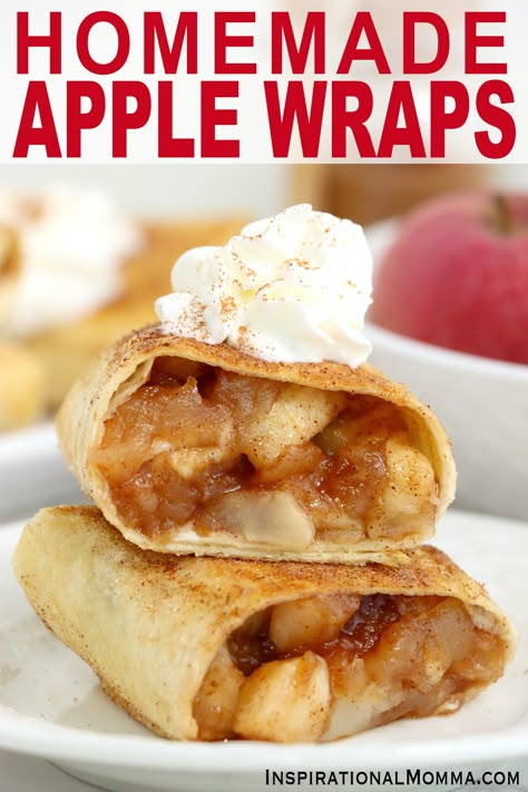 These homemade apple wraps take delicious, homemade apple pie filling, stuff it into tortillas, and pan fry them to golden brown perfection. #inspirationalmomma #homemadeapplewraps #homemadeapplewrapsrecipe #applewraps Apple Wraps, Tortilla Dessert, Caramel Sticky Buns, Fried Apple Pies, Fruit Pie Filling, Homemade Apple Pie Filling, Apple Puff Pastry, Homemade Apple Pie, Rustic Recipes